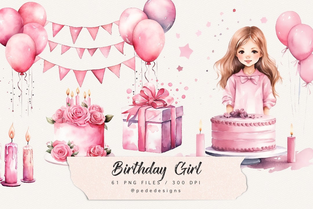 Watercolor Pink Birthday Clip Art, Birthday Girl Clipart, Party