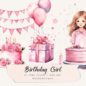 Imágenes prediseñadas de cumpleaños rosa acuarela, imágenes prediseñadas de cumpleañera, ilustración de fiesta, pastel de cumpleaños, globos, pancartas de fiesta, cajas de regalo, descargar