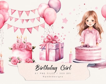 Aquarell rosa Geburtstag Clip Art, Geburtstag Mädchen Clipart, Party Illustration, Geburtstagskuchen, Luftballons, Party Banner, Geschenkboxen, Download