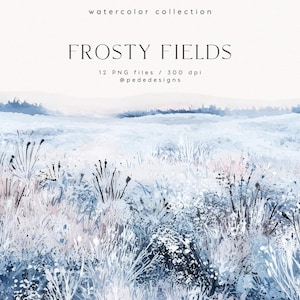 Campos helados, paisajes invernales de acuarela, gráficos de paisajes, imágenes prediseñadas de invierno PNG, imágenes PNG de colinas, imágenes prediseñadas de flores silvestres heladas, descarga