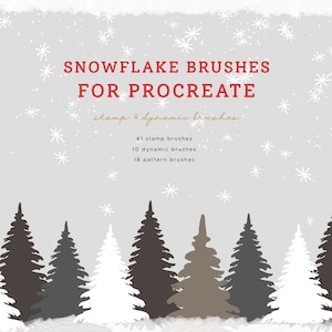 Könnte beinhalten: Eine digitale Illustration eines schneebedeckten Waldes vor weißem Hintergrund. Der Text "SNOWFLAKE BRUSHES FOR PROCREATE" ist rot. Der Text "stamp & dynamic brushes" ist golden. Der Text "41 stamp brushes", "10 dynamic brushes" und "18 pattern brushes" ist schwarz.