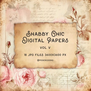 Papel digital Shabby Chic, papéis vintage, páginas de diário indesejado, flores românticas, texturas desgastadas, impressão diy, envelhecido, download
