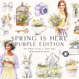 La primavera está aquí Edición morada, gráficos de temporada de acuarela, clipart de niña, clipart png de moda, pegatinas de primavera, flores silvestres, descargar