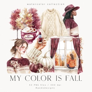 My Color Is Fall Clip Art Set, aquarela clipart de outono, bordô e marfim, elementos de interior, ilustração de moda, vista de janela, download
