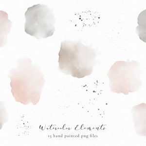 May include: A set of 15 watercolor elements in shades of pink, gray, and brown. The elements include various shapes and sizes of watercolor washes, as well as splatters of paint. The text "Watercolor Elements" and "15 hand painted png files" is included in the image.