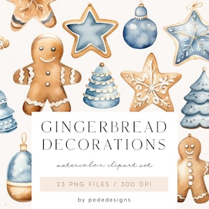 Op de afbeelding: Een set van 23 aquarel-clipart-illustraties van gingerbread-decoraties in blauwe en bruine tinten. De set bevat gingerbread-mannen, sterren, bomen, ornamenten en bellen. De tekst "Gingerbread Decorations" is in zwart op een beige achtergrond geschreven.