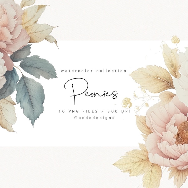 Watercolor peonies clipart, premade frame clipart, white & pink peony, gold leaves png, wedding illustration, bouquet png, download