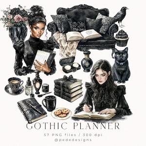 May include: A set of 57 digital illustrations in a gothic style. The illustrations include a woman with dark hair, a black cat, a black couch, a book, a cup of tea, a cupcake, a raven, and other gothic elements. The illustrations are perfect for planners, journals, and other creative projects.