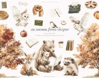 Woodland Watercolor Clipart Set with Cozy Autumn Forest Animals, Fall Bookish PNG, Reading Animals (Digital Download)