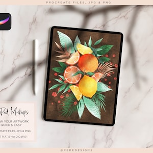 May include: A digital illustration of lemons and oranges on a brown background. The illustration is displayed on a tablet computer with a white stylus nearby. The text "3 iPad Mockups" is displayed below the tablet.