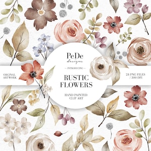 Paquete de imágenes prediseñadas de flores rústicas de acuarela, imágenes prediseñadas florales, rosas de acuarela, pegatinas de planificador, botánico, otoño, descargar