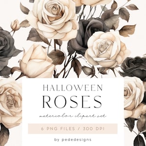 ハロウィンのバラ、水彩画の花、白いバラ、黒いバラのPNG、プランナーステッカー、結婚式のクリップアート、既製の花束、ダウンロード