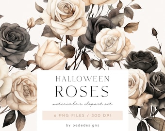 Halloween Roses, watercolor flowers, white roses, black roses png, planner stickers, wedding clipart, premade floral bouquets, download