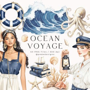 Ocean Voyage, grafica nautica ad acquerello, clipart marina, estate costiera, adesivi nautici, faro ad acquerello, marinaio png, download