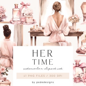 Her Time Clipart, aquarel meisje clipart, parfum clipart, sieraden, kaarsen, handdoeken, huidverzorging, schoonheidsroutine, roze en blos, download