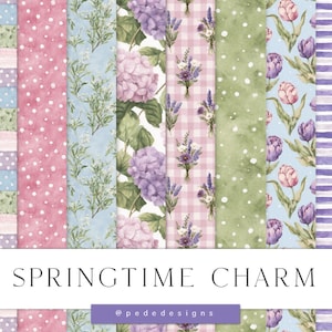 以下が含まれることがあります： 水彩模様のデジタルペーパーセット。花柄と幾何学模様のデザイン。アジサイ、ラベンダー、チューリップ、水玉模様、ストライプのパステルカラー。テキスト「SPRINGTIME CHARM」が表示されています。
