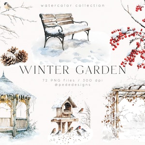 Jardin d'hiver, clipart hiver aquarelle, paysage d'hiver, paysage enneigé, jardin d'hiver aquarelle, clipart botanique aquarelle, téléchargement