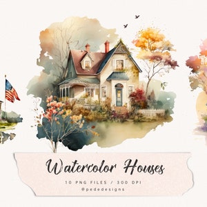 Watercolor house clip art, home clip art, cute houses, cottage illustration, landscape clipart, american flag, house portrait, download