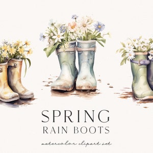 May include: Three pairs of rain boots with flowers in them. The boots are yellow, blue, and green. The flowers are white, yellow, and blue. The boots are sitting on a white background.  SPRING RAIN BOOTS watercolor clipart set