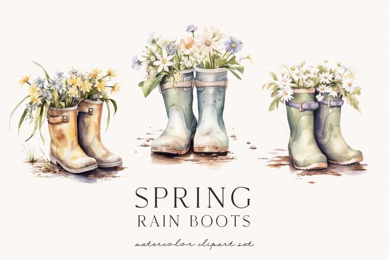 May include: Three pairs of rain boots with flowers in them. The boots are yellow, blue, and green. The flowers are white, yellow, and blue. The boots are sitting on a white background.  SPRING RAIN BOOTS watercolor clipart set