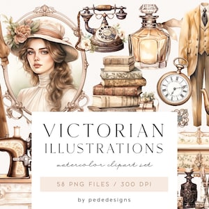 Victorian Illustrations, watercolor victorian clipart, watercolor vintage, vintage elements, old style, scrapbook, junk journal, download