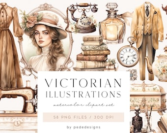 May include: A set of Victorian-themed watercolor illustrations featuring a woman in a hat, a vintage sewing machine, a teapot, a clock, a book stack, a perfume bottle, a lamp, and a suit. The illustrations are in a vintage style and are perfect for scrapbooking, card making, and other craft projects.
