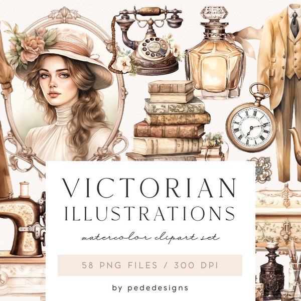 Victorian Illustrations, watercolor victorian clipart, watercolor vintage, vintage elements, old style, scrapbook, junk journal, download