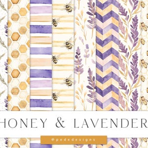 Papiers numériques miel et lavande, papiers numériques abeille, motif répétitif violet, motif à rayures, rayures, motif floral sans couture, téléchargement