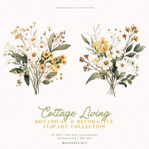 May include: Watercolor illustration of two bouquets of wildflowers, featuring white daisies and yellow blossoms, with green foliage. The text "Cottage Living" and "Botanical & Decorative Clipart Collection" is also visible.
