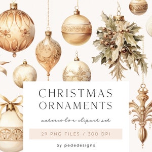 クリスマスオーナメントのクリップアート、水彩画のクリスマスオーナメント、ゴールドのPNG、豪華なオーナメント、クリスマスツリーのボール、ゴールドの装飾、ダウンロード