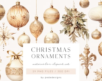 Christmas Ornaments Clipart, watercolor christmas baubles, gold png, luxury ornaments, christmas tree balls, gold decorations, download