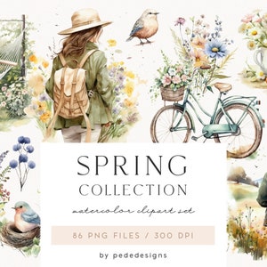 Collection printemps, clipart printanier aquarelle, graphiques de voyage, fleurs sauvages printanières, saison, fille aquarelle, autocollants numériques, téléchargement