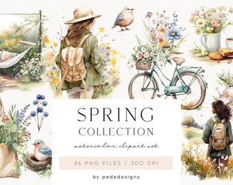 Spring Collection, watercolor spring clipart, travel graphics, spring wild flowers, seasonal, watercolor girl, digital stickers, download