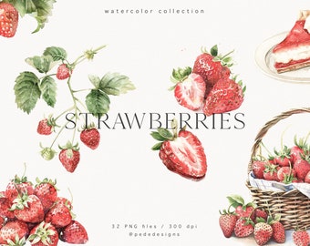 Strawberries Clipart, watercolor food clipart, fruit clipart, vege, smoothie, cake, dessert clipart, watercolor backing graphics, download