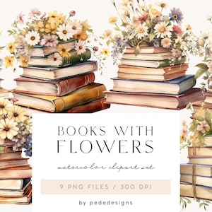Boeken met bloemen, aquarelboeken clipart, bloemen clipart, clipart lezen, boekenliefhebber, boekenillustraties, boeken kunst downloaden