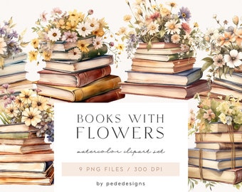 Boeken met bloemen, aquarelboeken clipart, bloemen clipart, clipart lezen, boekenliefhebber, boekenillustraties, boeken kunst downloaden