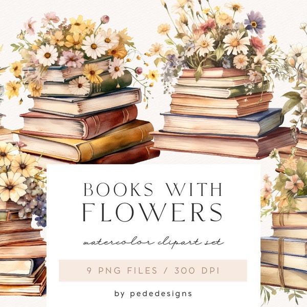 Books with Flowers, watercolor books clipart, floral clipart, reading clipart, book lover, books illustrations, books art download