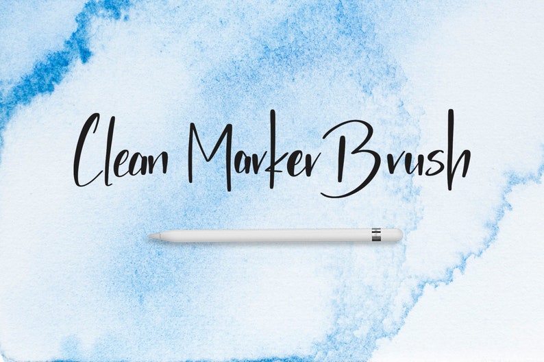 May include: Clean Marker Brush written in black cursive script on a light blue watercolor background. A white Apple Pencil is lying on the surface.