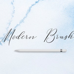May include: A white digital pen with the words "Modern Brush" written in black cursive script on a light blue watercolor background.