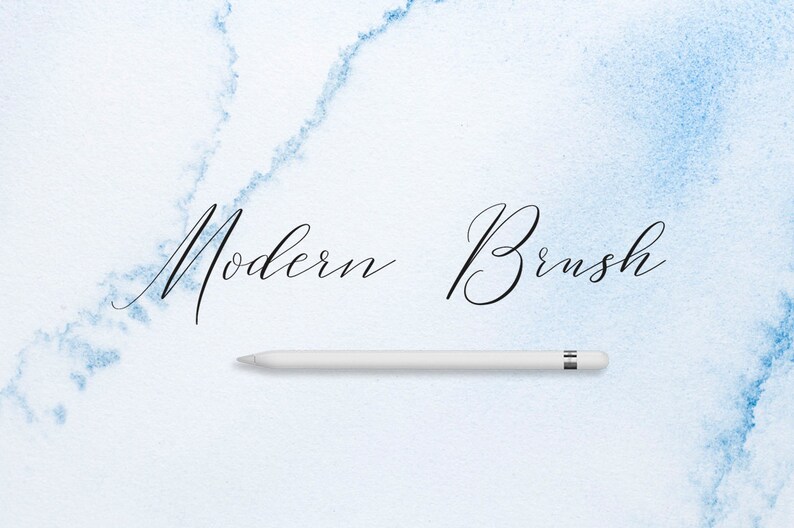 May include: A white digital pen with the words "Modern Brush" written in black cursive script on a light blue watercolor background.