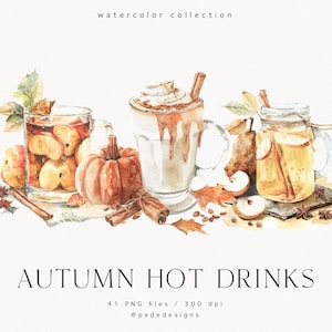 Clipart de coleção de bebidas quentes de outono, clipart aconchegante, clipart de menu, bebidas sem álcool, café com leite de abóbora com especiarias, outono, clipart de bebidas, download