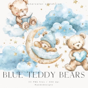 Blue Teddy Bears Clip Art Set, watercolor, boys plush animals, nursery png, baby shower party, it's a boy, sleeping teddy bears, download