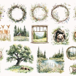 May include: Watercolor illustrations of a forest scene with a variety of elements, including a cabin, a lake, a tree, a bear, a deer, a fox, and a window. The illustrations are surrounded by a white background.