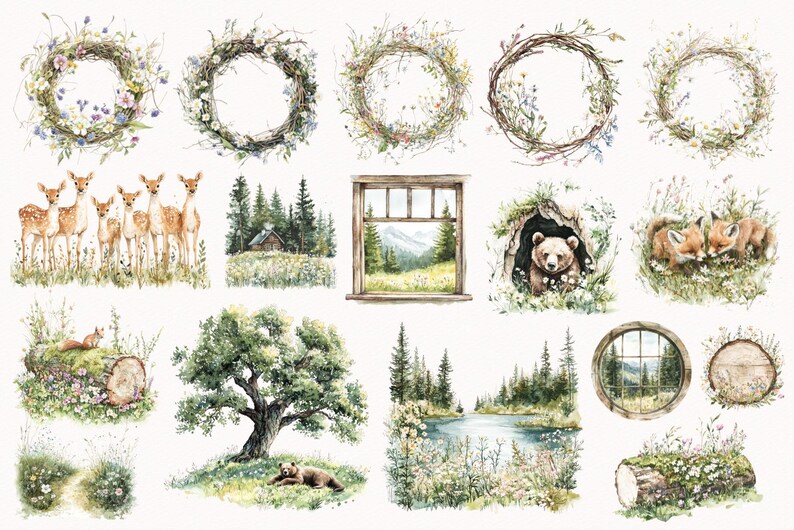 May include: Watercolor illustrations of a forest scene with a variety of elements, including a cabin, a lake, a tree, a bear, a deer, a fox, and a window. The illustrations are surrounded by a white background.