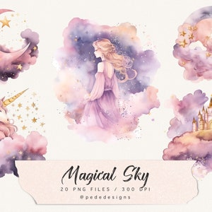 Ilustrações de céu mágico, clipart de lua crescente, céu rosa, gráfico de princesa, unicórnio png, clipart de castelo, nuvens rosa png, baixar
