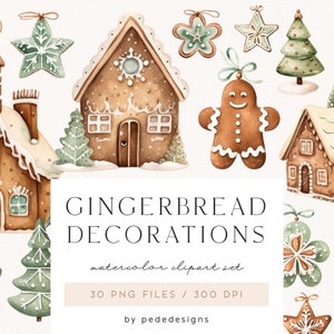 Lebkuchen Dekorationen Clipart, Aquarell Dekorationen, Süßigkeiten Elemente, Kekse Clipart, Lebkuchenhaus, Sterne, Weihnachten, Download