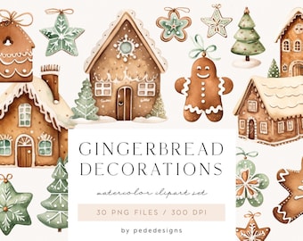 Clipart décorations en pain d'épice, décorations à l'aquarelle, éléments de bonbons, clipart de biscuits, maison en pain d'épice, étoiles, périodes de Noël, téléchargement