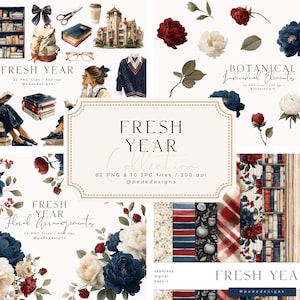 May include: A digital art collection titled "Fresh Year" featuring watercolor illustrations. The image includes floral arrangements, botanical elements, and seamless digital papers. The color palette includes navy, burgundy, and cream.