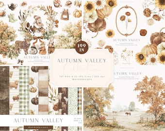 Autumn Cottagecore Watercolor Mega Bundle with Fall Clipart & Digital Papers, Animals PNG, Pumpkins, Landscapes (Digital Download)