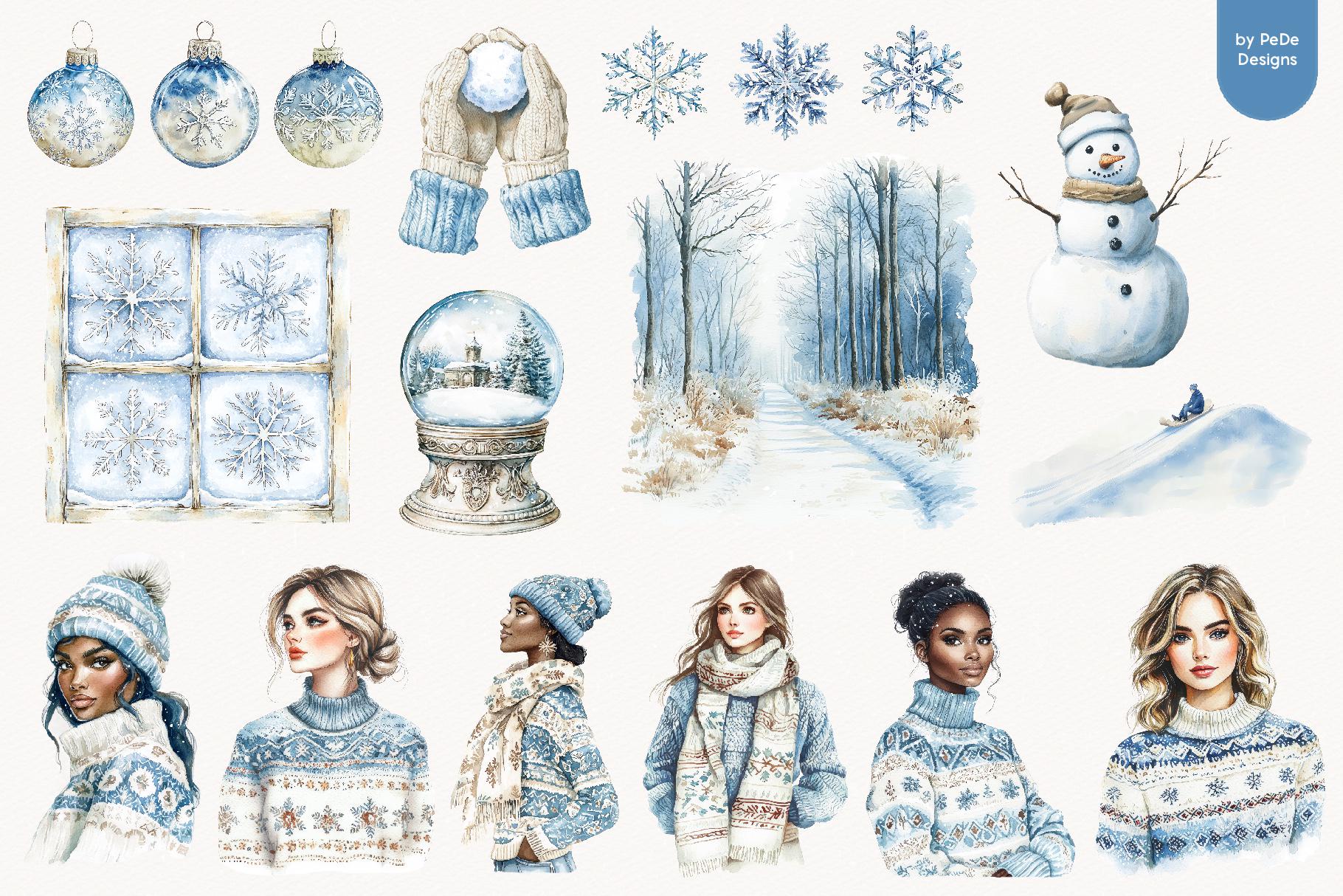 First Snow Watercolor Clipart Bundle, Winter Elements & Landscape PNG ...